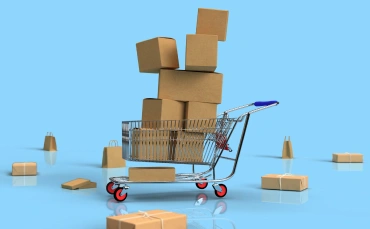 E-commerce industry illustration &mdash; storefronts, carts, and secure checkout