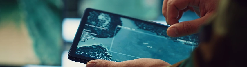 Illustration of analytics dashboards and AI-powered logistics operations
